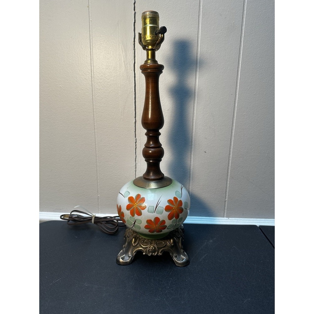 VTG Hand Painted Floral Globe Table Lamp 19" Orange Daisy Glass Brass‎ Base